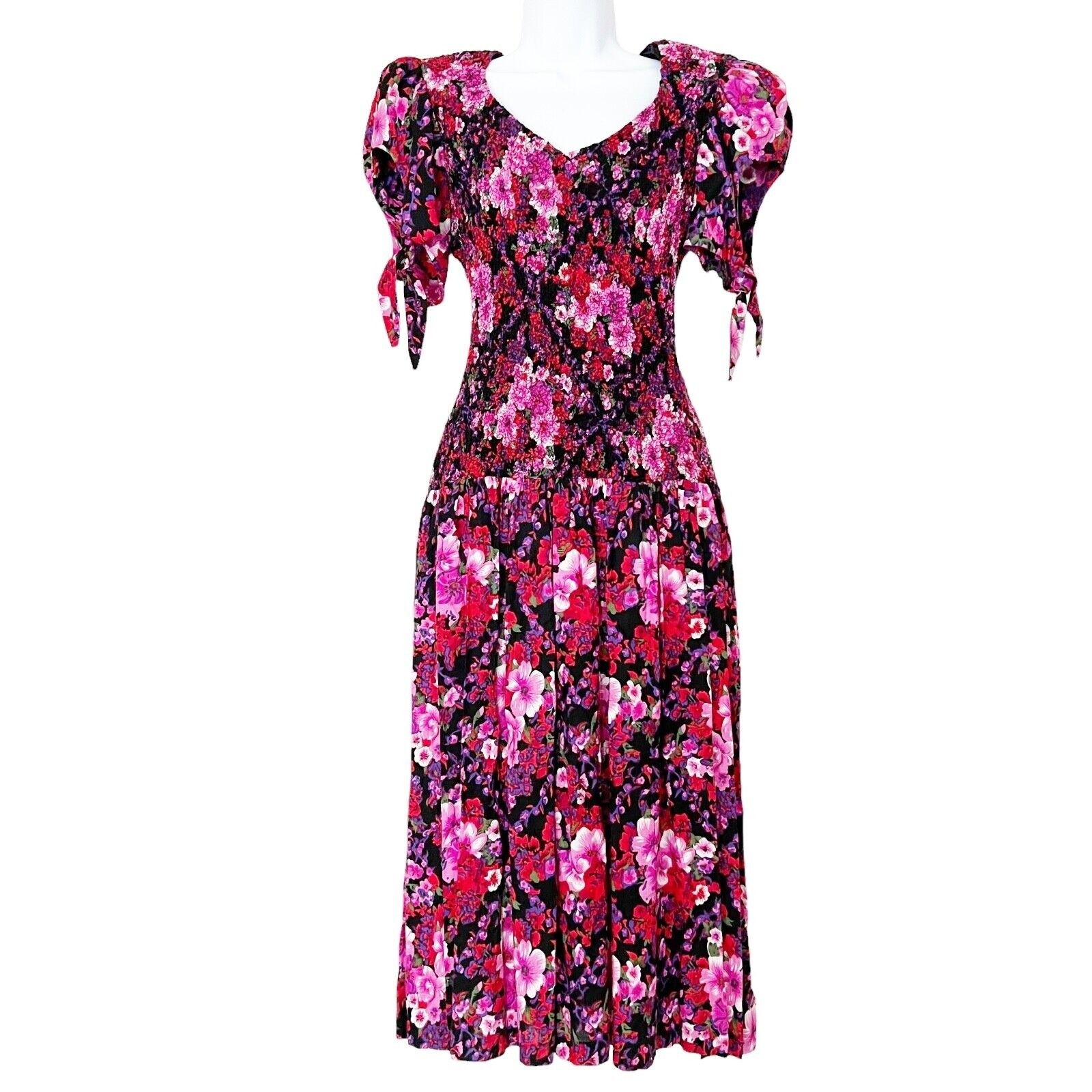 Pantagis Vtg 80s Drop Waist Floral Long Dress Rayon Big Shoulder Cutout Stretch